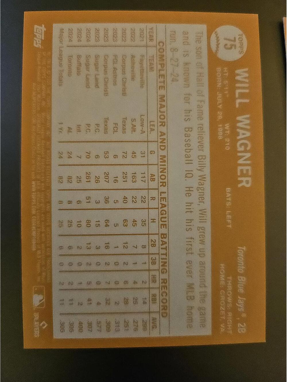 Will Wagner (RC) 2025 Topps Archives BLACK Insert #75 - Blue Jays - RAW mint - Picture 2 of 2